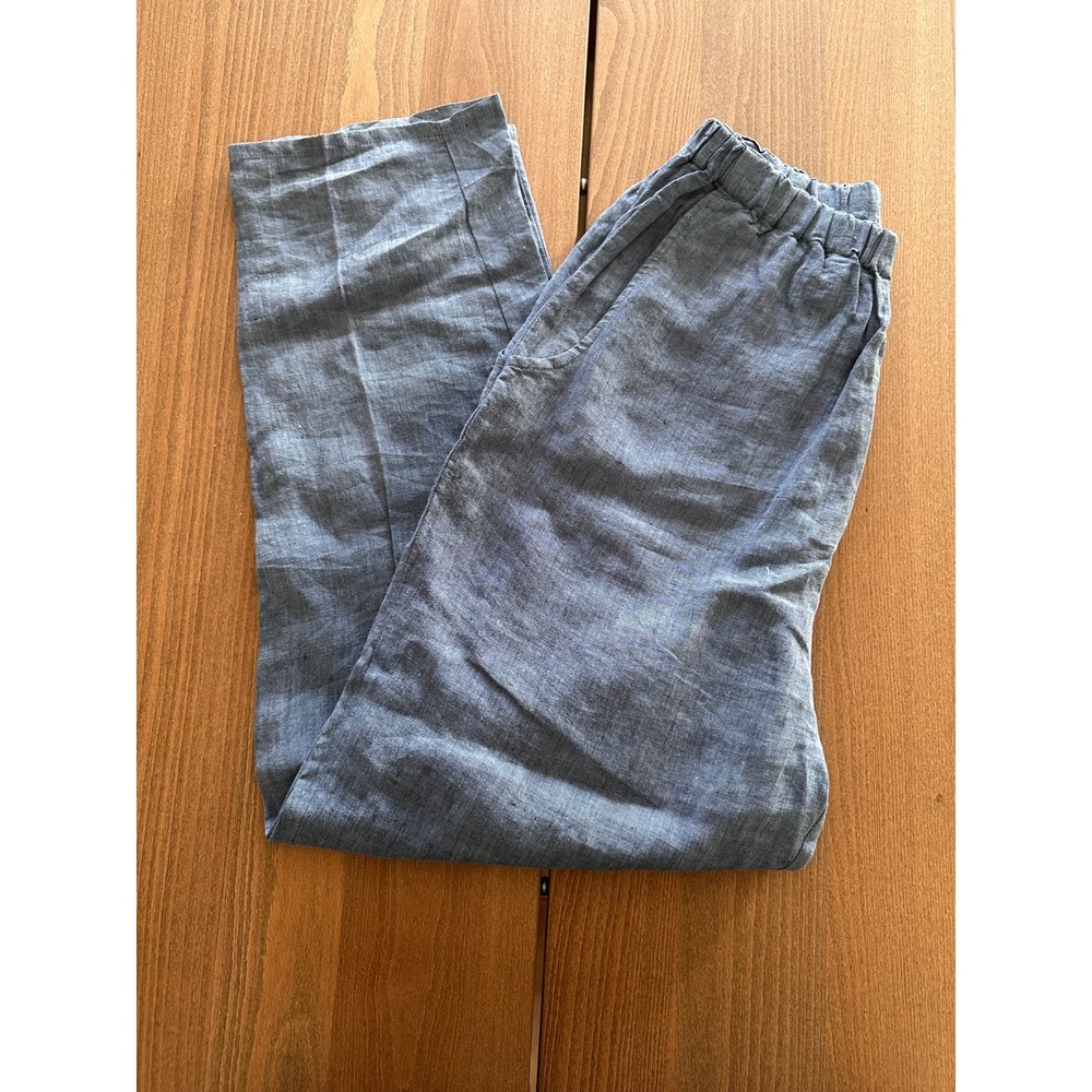 FLAX by Jeanne Engelhart Blue 100% Linen Elastic Waist Straight Leg Pants Small